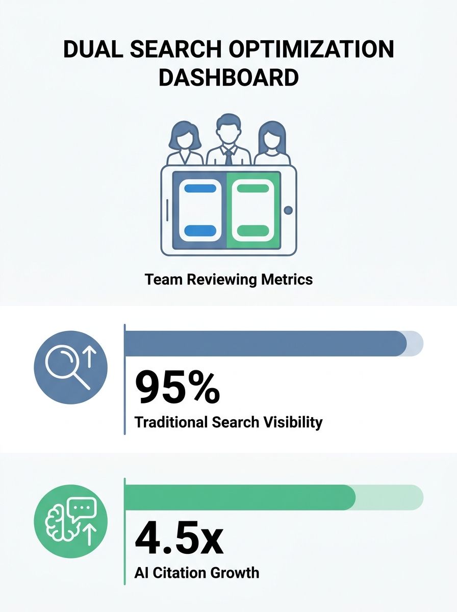Digital marketing team reviewing dual search optimization dashboard showing both traditional rankings and AI citation metrics