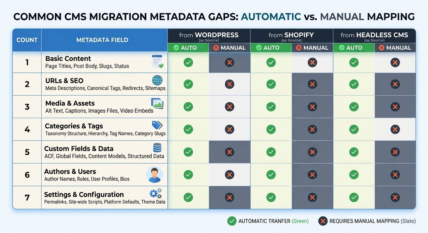 A comparison table showing common CMS migration metadata gaps between WordPress, Shopify, and headless CMS platforms, listing which metadata fields transfer automatically versus require manual mapping