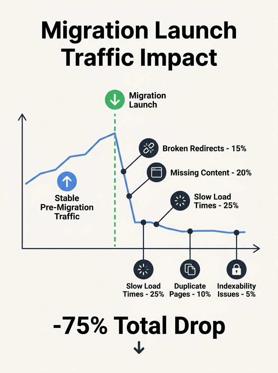 A before-and-after line chart showing organic traffic dropping sharply at migration launch date, with annotations marking each of the five technical failure points along the timeline