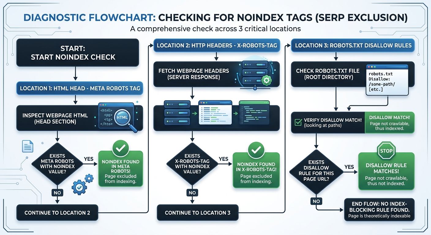 A diagnostic flowchart showing how to check for noindex tags across three locations: meta robots tag in HTML head, X-Robots-Tag in HTTP headers, and robots.txt disallow rules