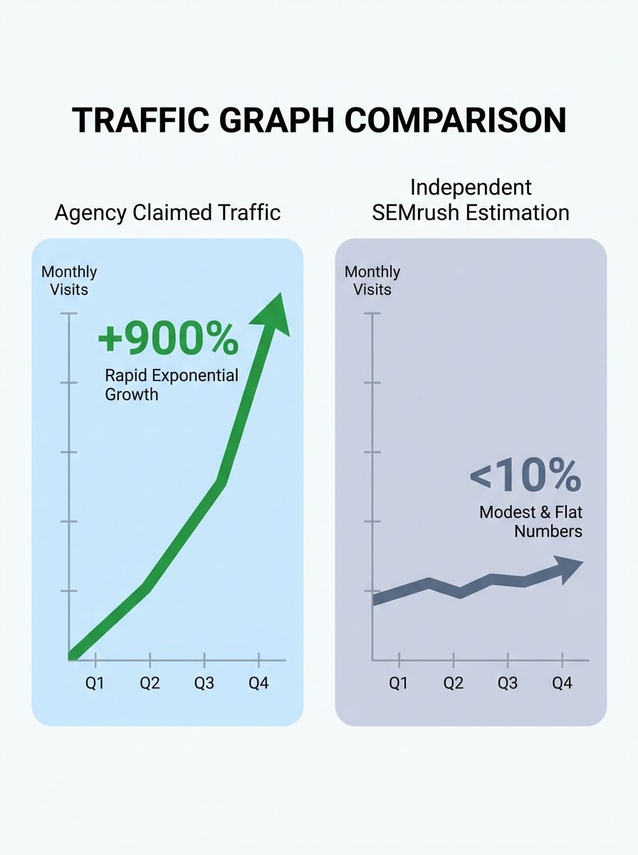 A split-screen comparison showing an agency's claimed traffic graph on the left side with steep upward growth, and an independent SEMrush traffic estimation graph on the right showing flat or modest n
