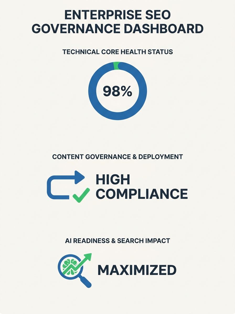 Enterprise SEO dashboard showing governance workflow across technical, content, and AI visibility layers