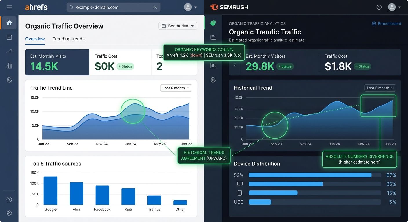 A side-by-side dashboard mockup showing Ahrefs and SEMrush displaying estimated organic traffic data for the same domain, with highlighted annotations showing where the estimates agree on trends and w