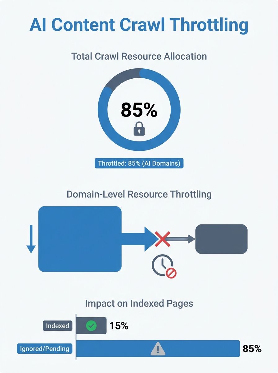 Google crawl budget allocation dashboard showing resource throttling on scaled AI content domains