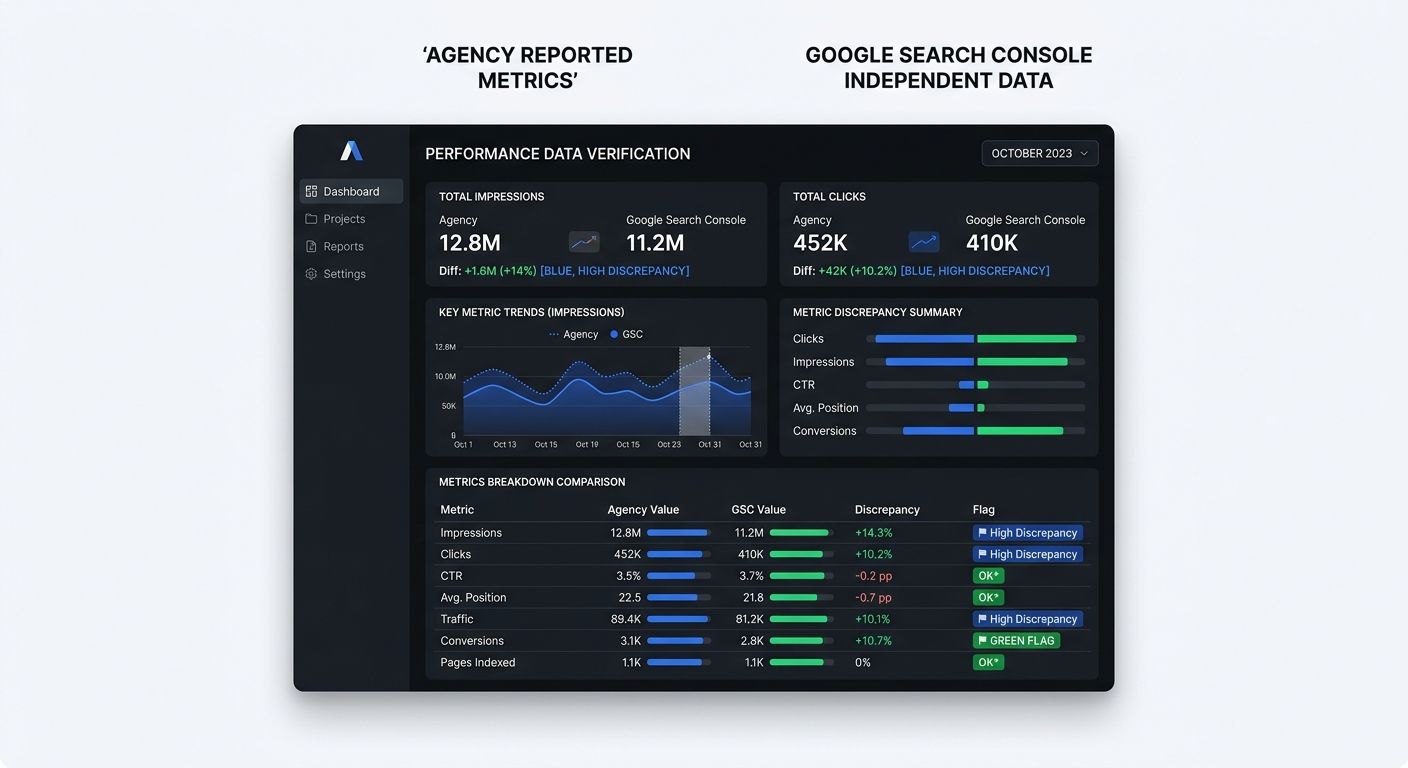 A dashboard mockup showing a side-by-side comparison of an agency's reported metrics versus the same metrics pulled independently from Google Search Console, with highlighted discrepancies