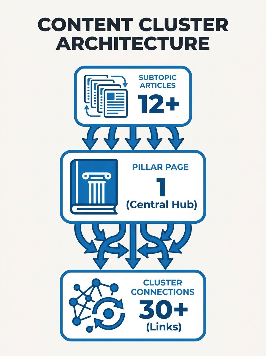 Diagram showing content cluster architecture with central pillar page connected to supporting subtopic articles