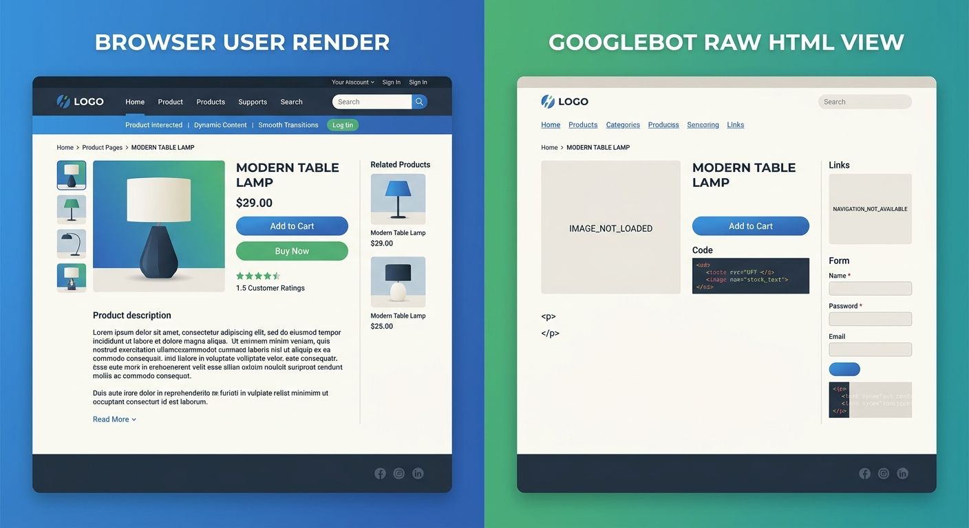 A split-screen comparison showing what a JavaScript-dependent page looks like to a browser user versus what Googlebot sees in raw HTML mode, with the raw HTML version showing missing product descripti