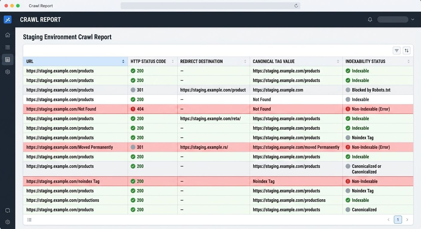 screenshot-style illustration of a staging environment crawl report showing columns for URL, HTTP status code, redirect destination, canonical tag value, and indexability status with some rows highlig