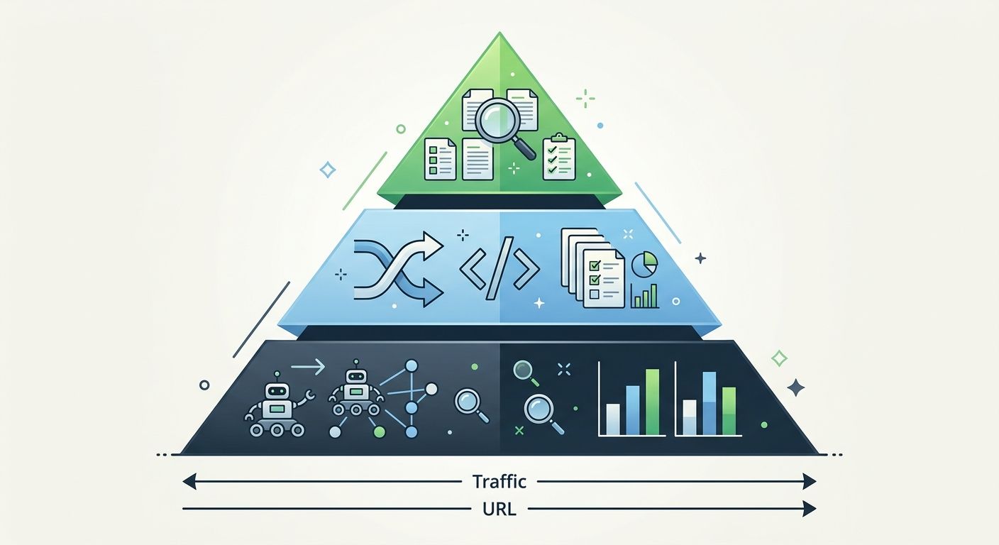 tiered pyramid diagram showing URL prioritization strategy — Tier 1 (top 20% of traffic, full page-by-page validation), Tier 2 (next 30%, redirect and canonical sampling), and Tier 3 (bottom 50%, auto