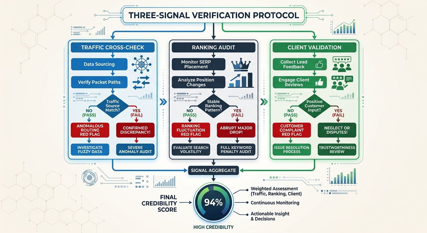 An infographic showing the Three-Signal Verification Protocol as a flowchart with three parallel tracks labeled Traffic Cross-Check, Ranking Audit, and Client Validation, each containing pass/fail dec