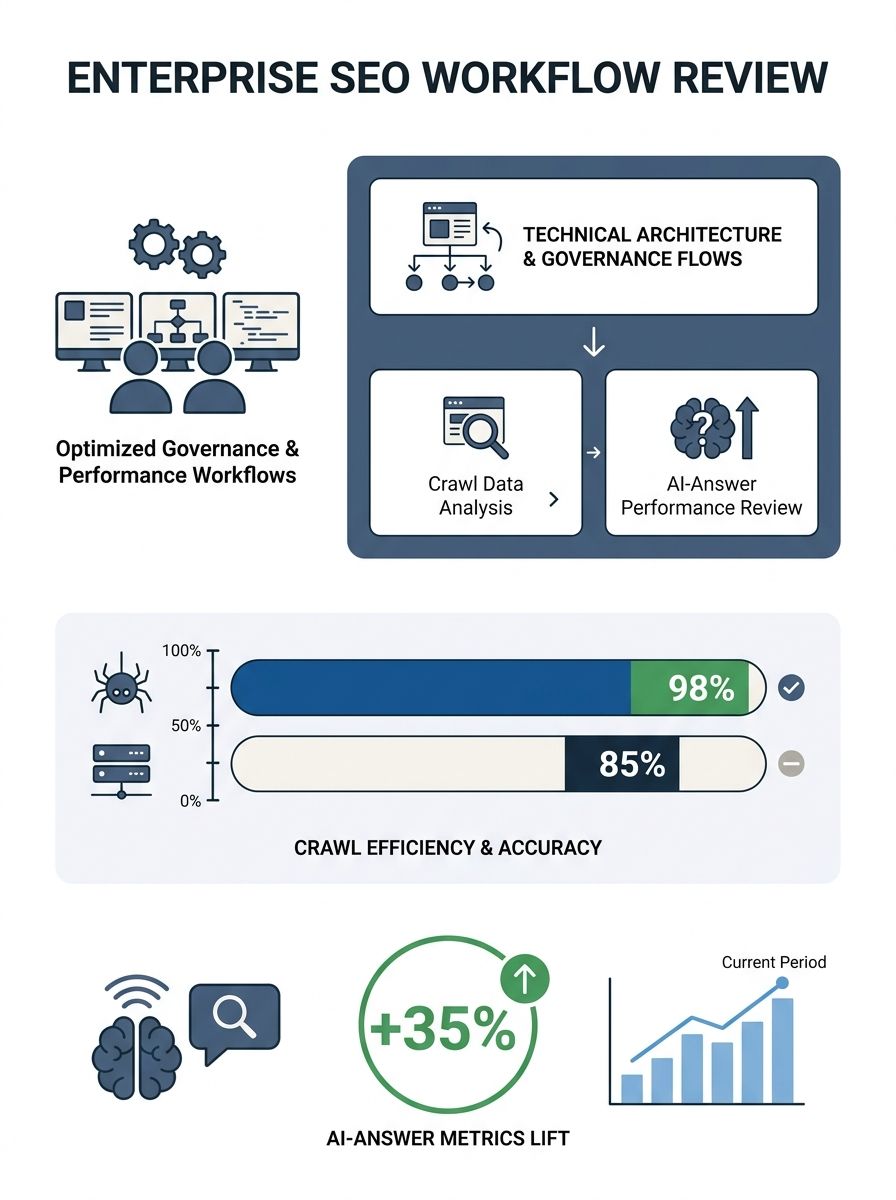 Enterprise SEO team reviewing large-site technical architecture and governance workflows on multiple monitors displaying crawl data and AI-answer performance metrics