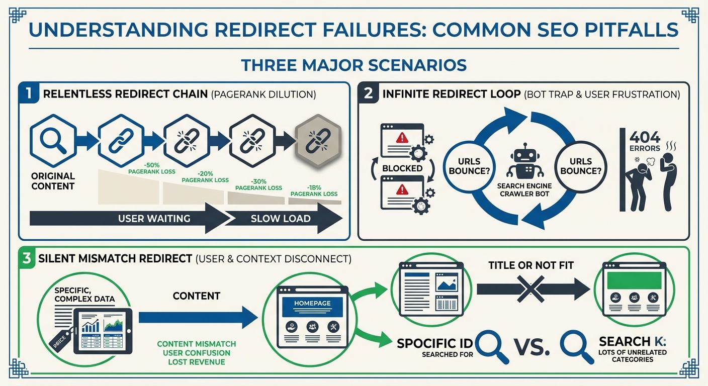 diagram showing three types of redirect failures — a chain with 5 sequential hops losing PageRank at each step, a loop cycling between two URLs infinitely, and a silent mismatch redirecting a product 