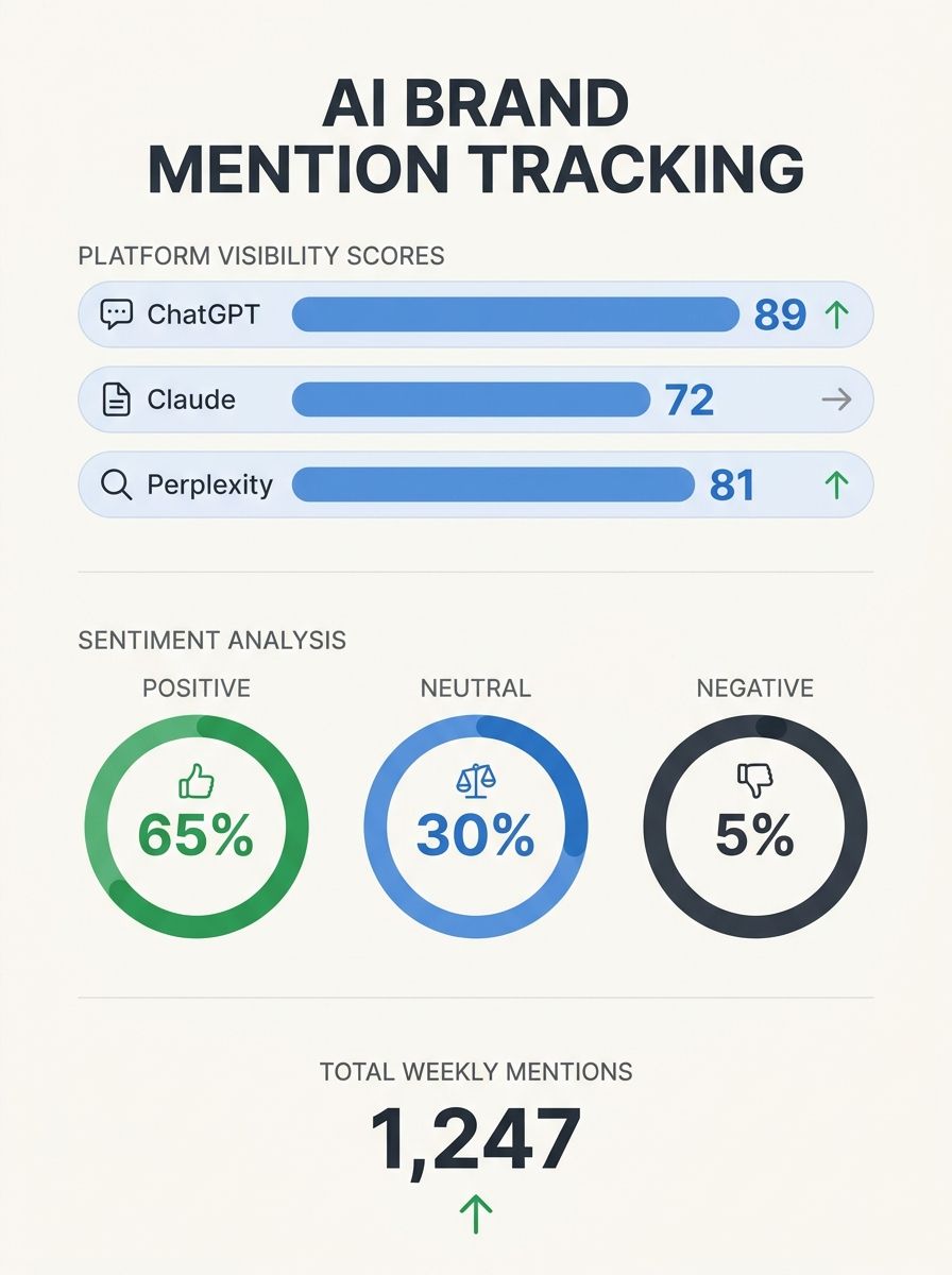Dashboard showing brand mention tracking across multiple AI platforms including ChatGPT, Claude, and Perplexity with visibility scores and sentiment analysis