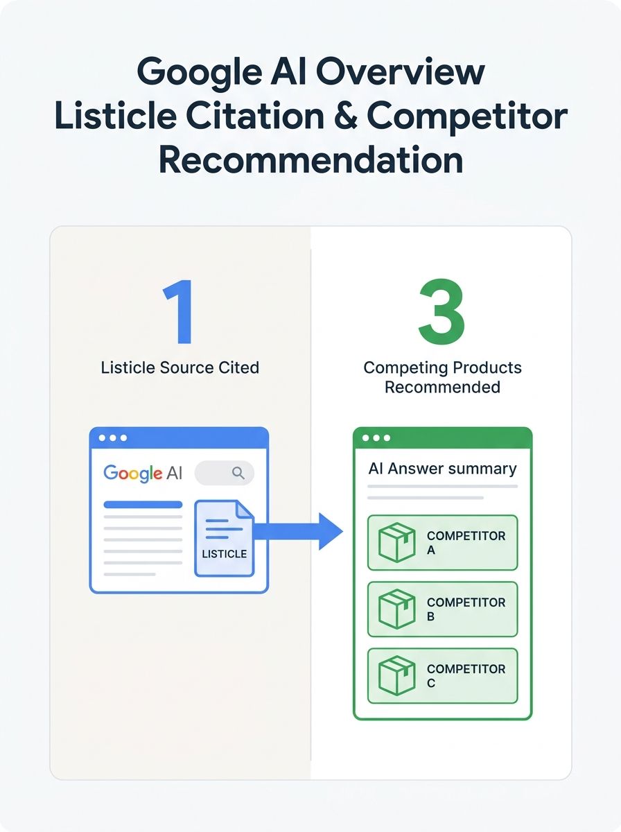 Split-screen comparison showing a software company's listicle cited as a source in Google AI Overview while the answer text recommends three competing products listed within that same article