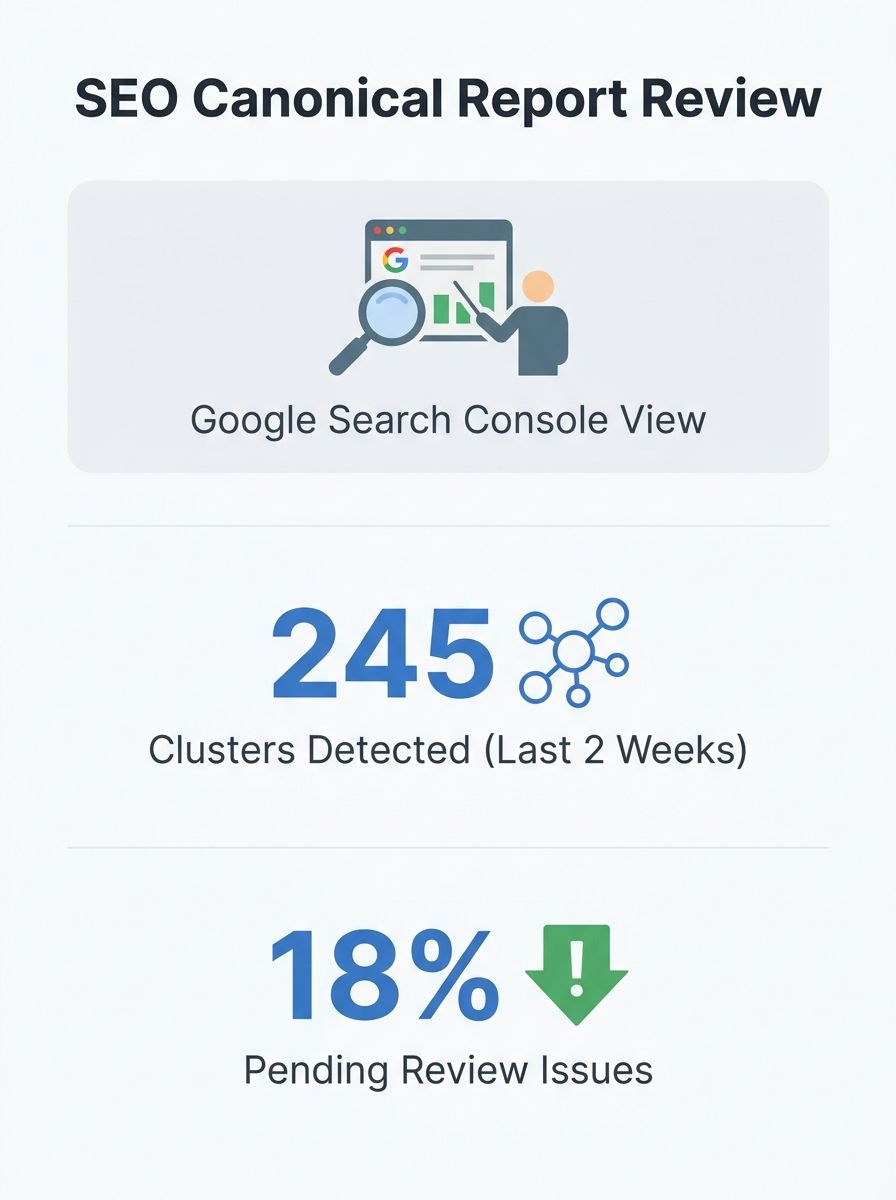 SEO specialist reviewing Google Search Console canonical clustering report with two-week timeline notation