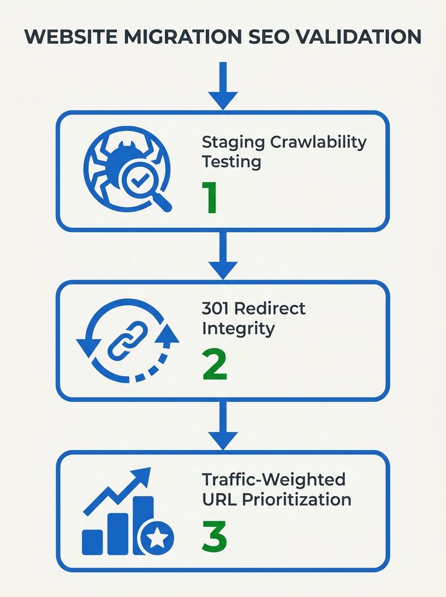 infographic showing three interconnected validation areas for website migration SEO — 301 redirect integrity, staging crawlability testing, and traffic-weighted URL prioritization — with arrows indica