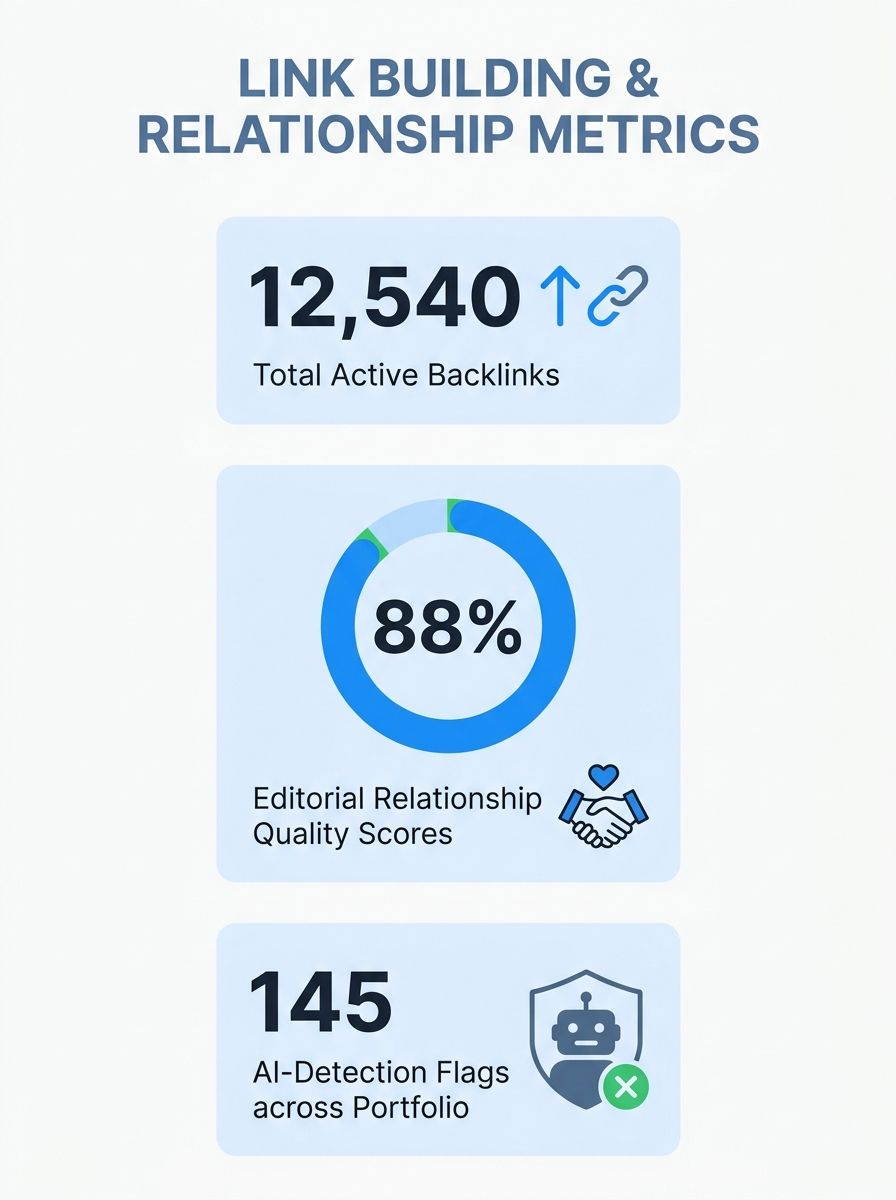 Dashboard showing link building metrics with editorial relationship quality scores and AI-detection flags across backlink portfolio analysis