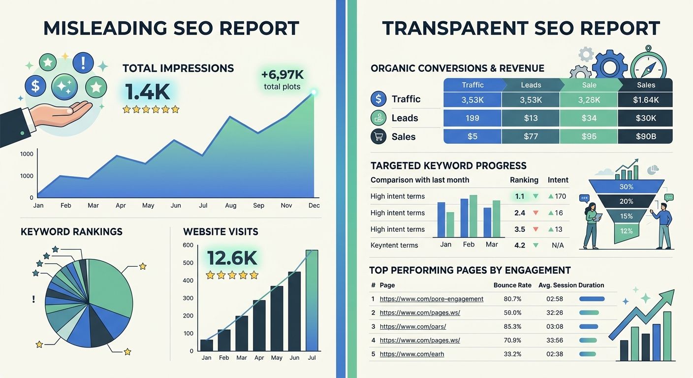 A side-by-side comparison of a misleading SEO report versus a transparent one, showing the difference between vanity metrics and actionable data