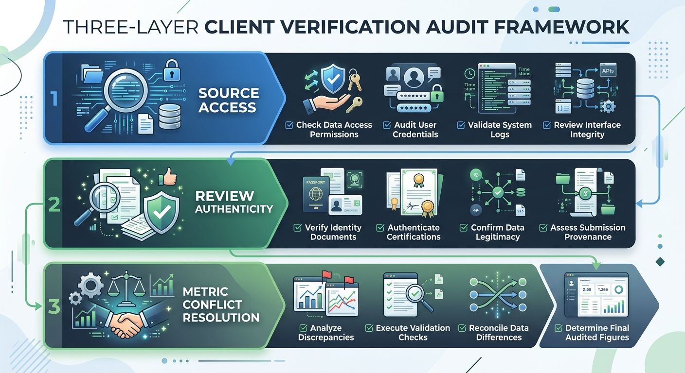 An infographic showing the Three-Layer Client Verification Audit framework with icons for each layer: source access, review authenticity, and metric conflict resolution, with specific check items unde