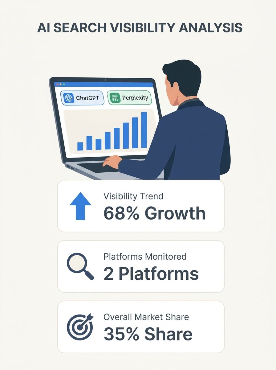 Business professional analyzing AI search visibility metrics on laptop screen with ChatGPT and Perplexity logos visible