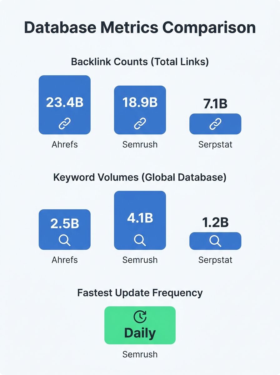 Side-by-side comparison chart showing database metrics for Ahrefs, Semrush, and Serpstat with backlink counts and keyword volumes