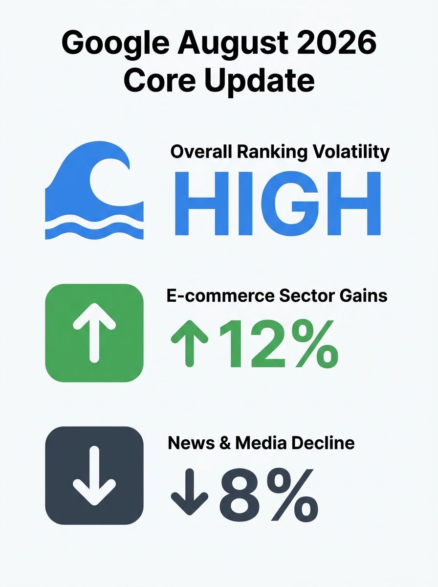 Analytics dashboard showing ranking position changes across multiple website categories during Google's August 2026 core algorithm update