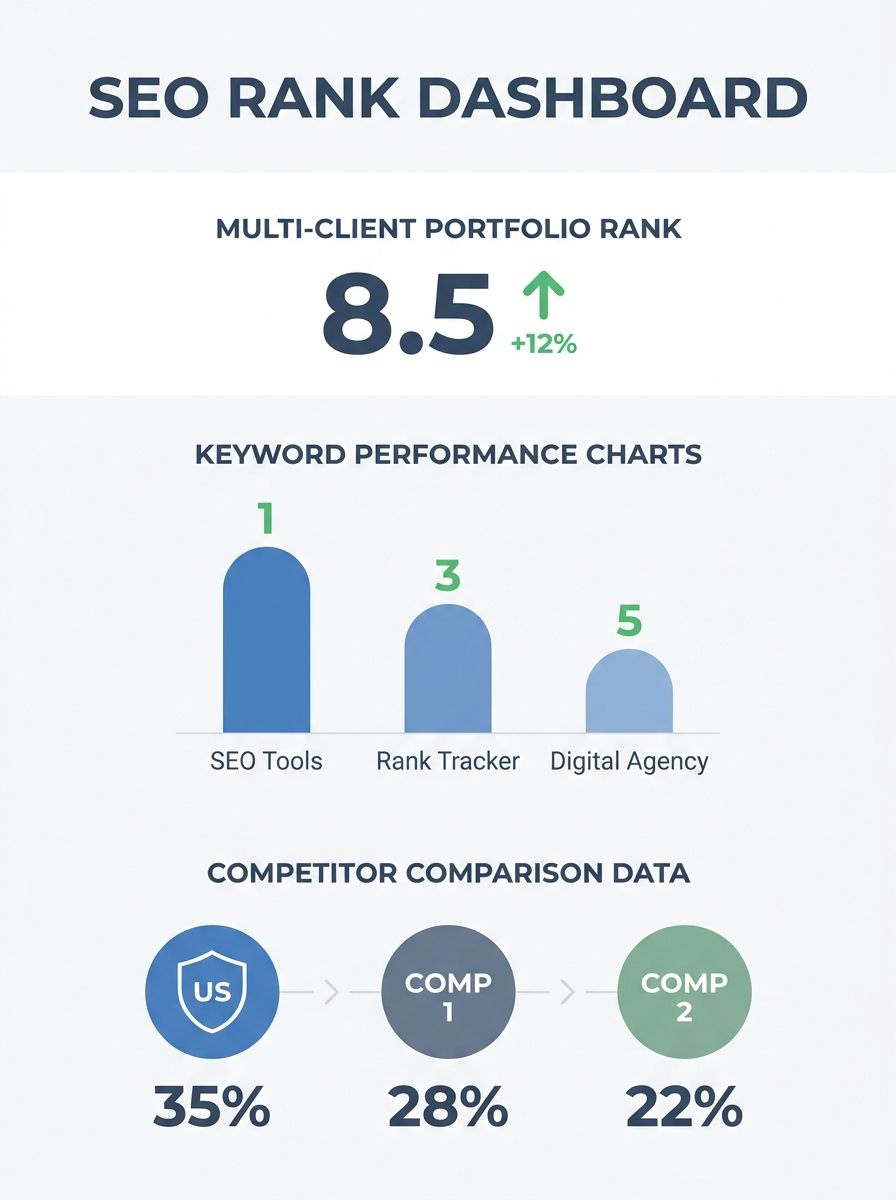 Dashboard showing multi-client SEO rank tracking interface with keyword performance charts and competitor comparison data across different locations