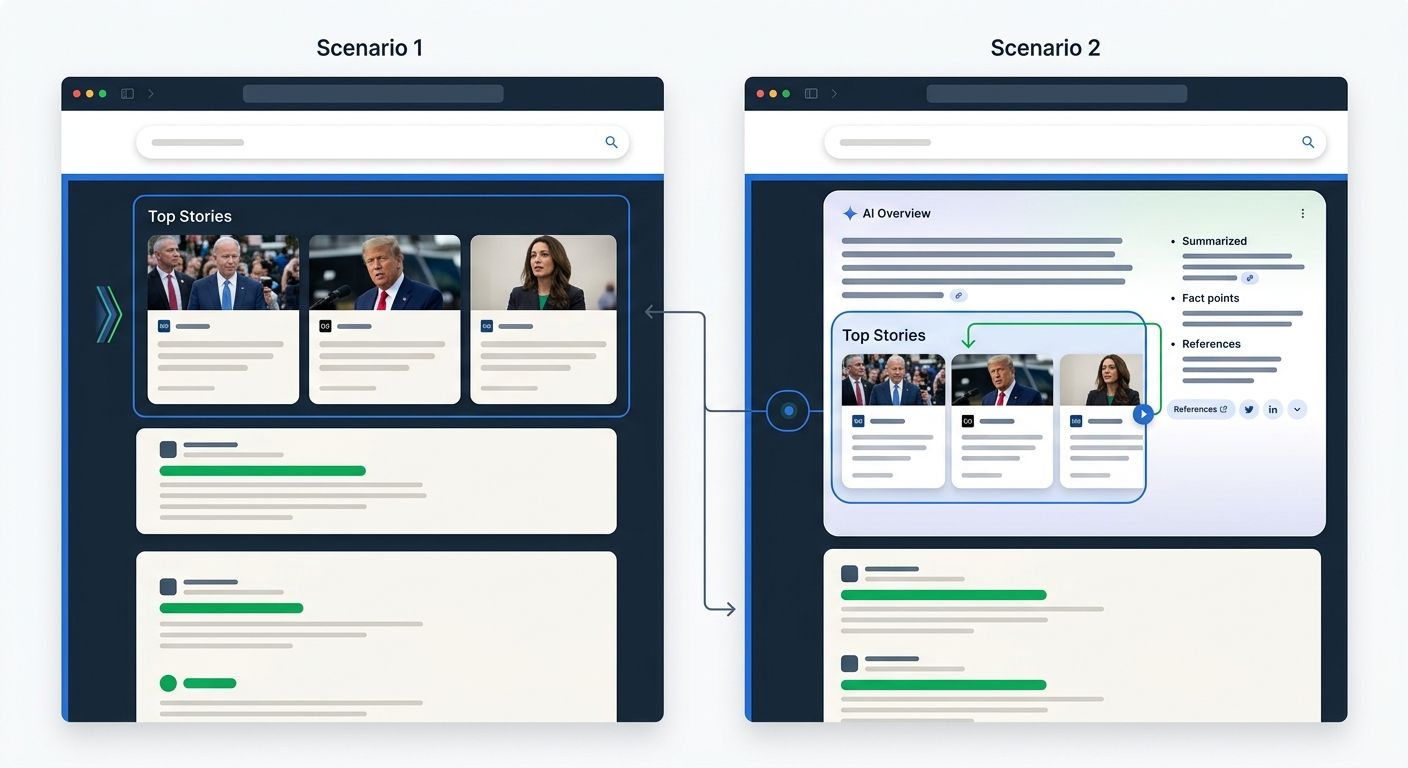 Comparison diagram showing Top Stories carousel appearing as a standalone organic feature versus embedded inside an AI Overview, illustrating the placement distinction publishers must evaluate