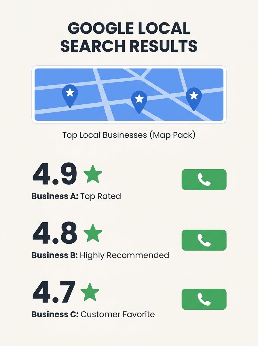 Google map pack showing three local business listings with star ratings and call buttons at top of search results
