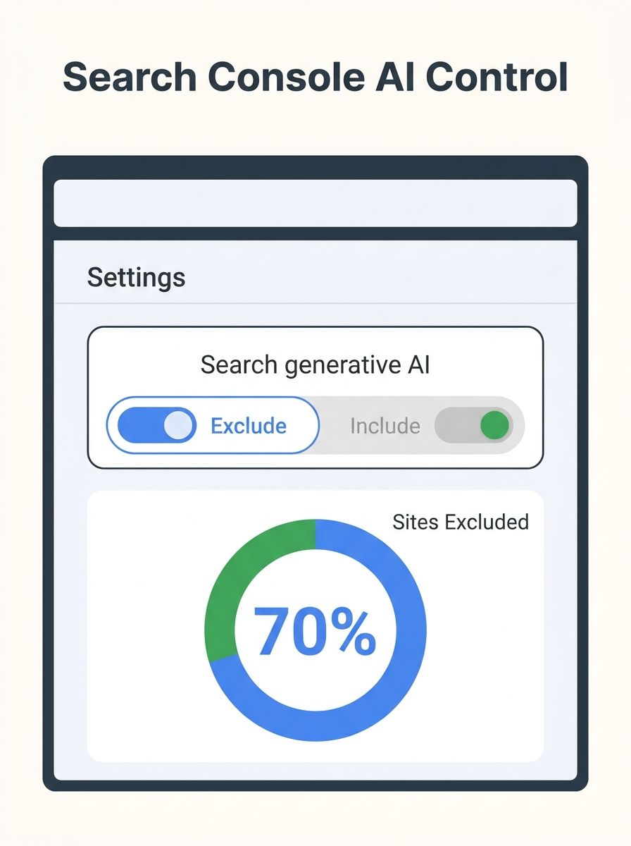 Screenshot of Google Search Console showing the new Search generative AI control toggle under Settings, with options to include or exclude website from AI features