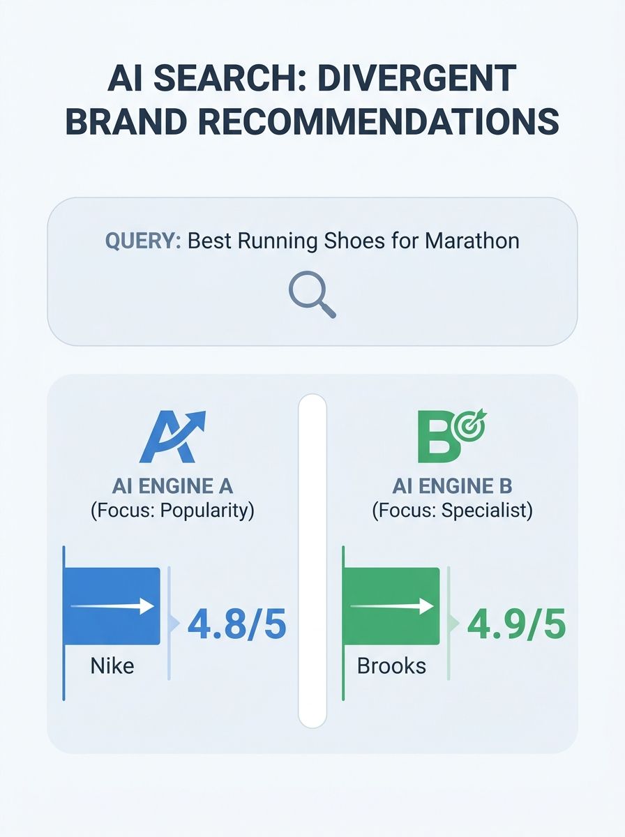 Split-screen visualization showing different AI search engines displaying divergent brand recommendations for the same query