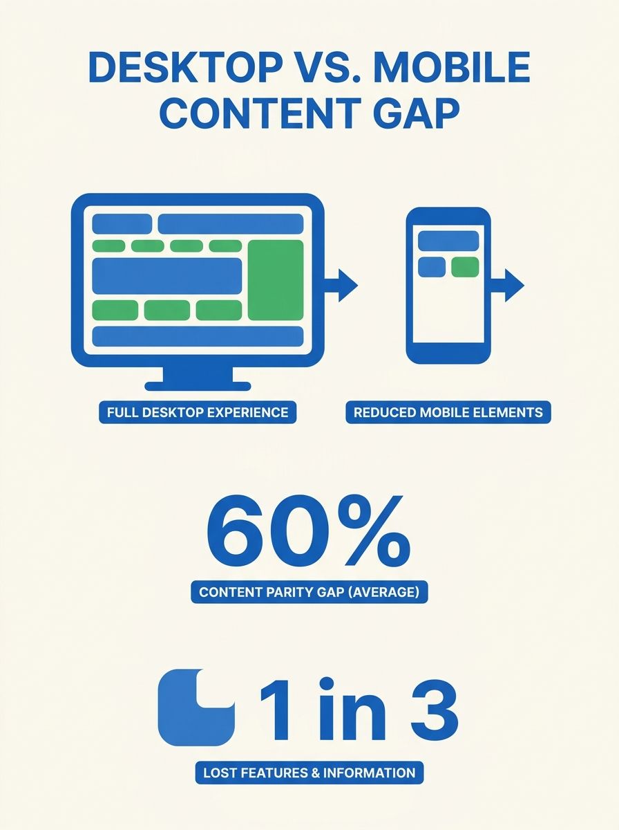 Side-by-side comparison showing desktop website with full content versus mobile website with reduced elements, illustrating content parity gap