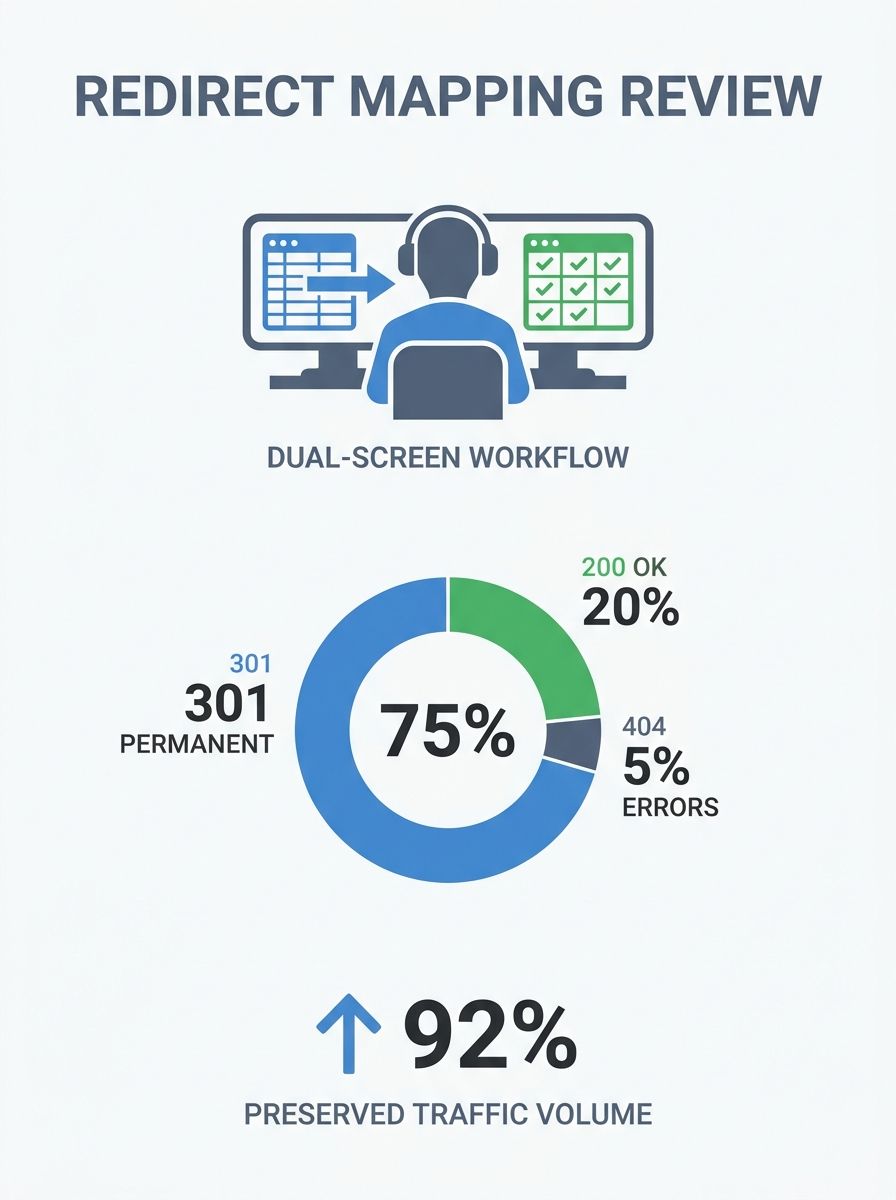 Developer reviewing redirect mapping spreadsheet with URL status codes and traffic metrics displayed on dual monitors