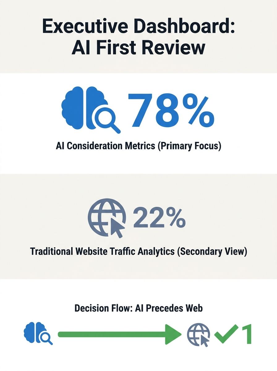 Business executive reviewing AI search results dashboard showing consideration metrics before traditional website traffic analytics