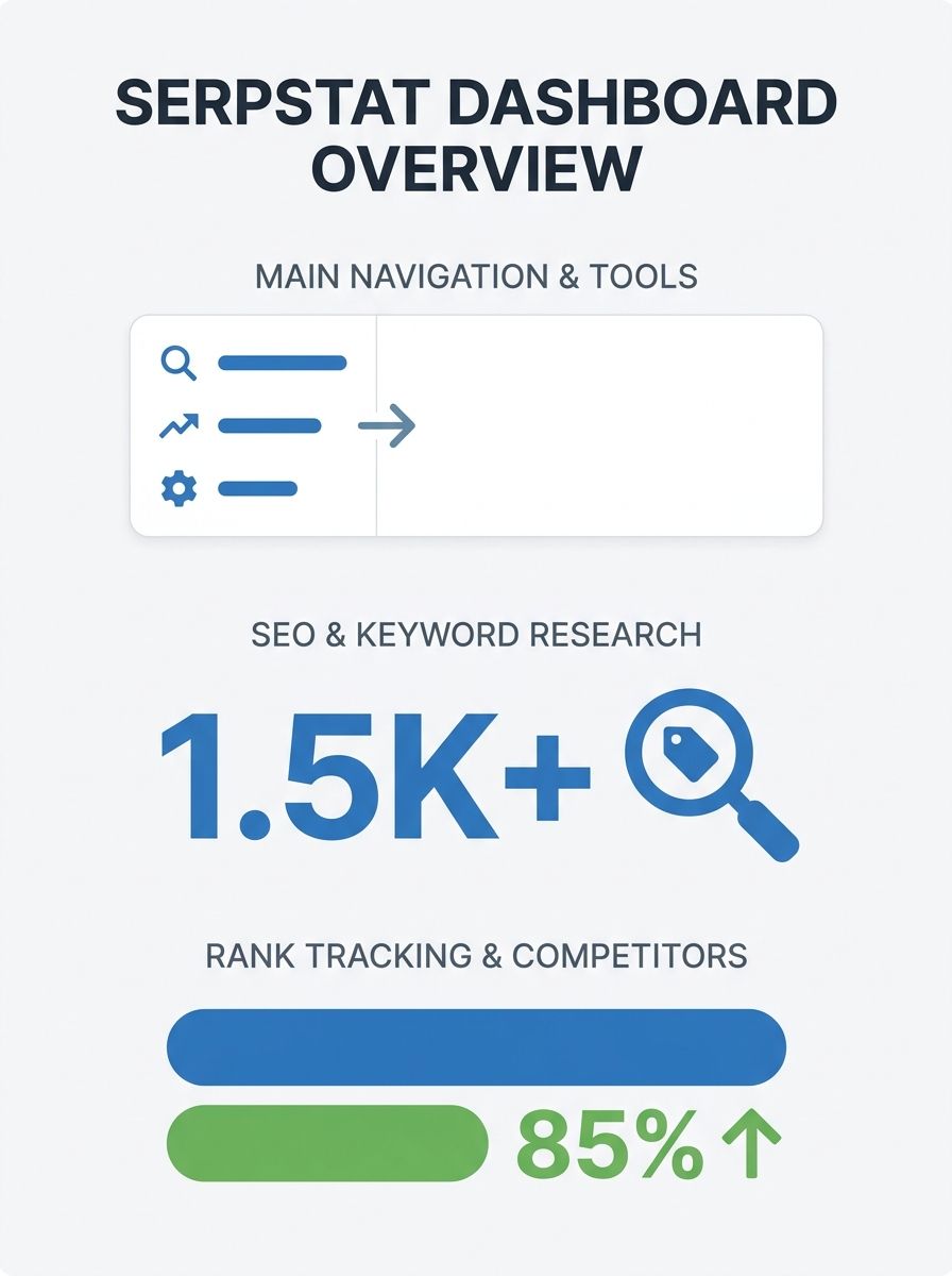Serpstat dashboard interface showing navigation menu and feature categories