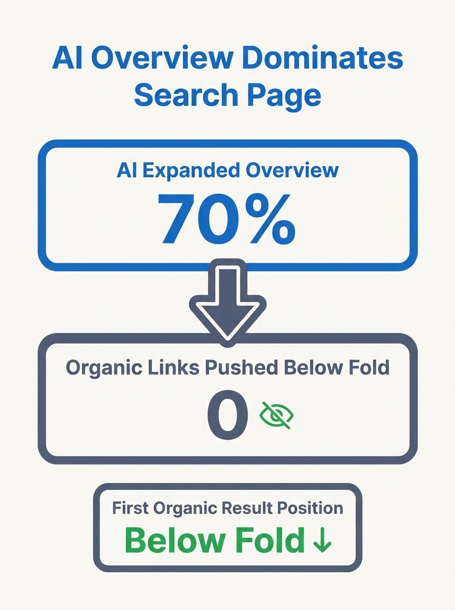 Google search results page showing automatically expanded AI Overview pushing organic links below the fold