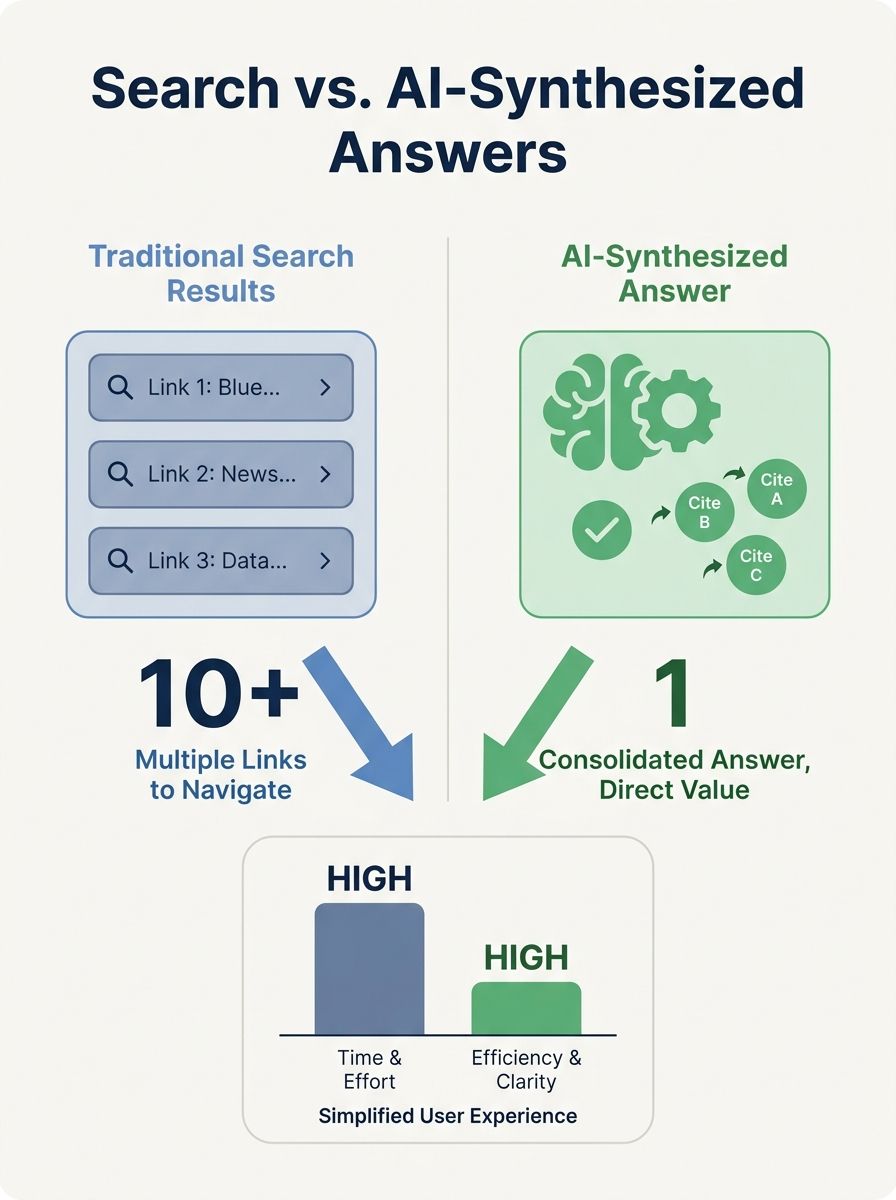 Split-screen comparison showing traditional search results list on left versus AI-synthesized answer with citations on right