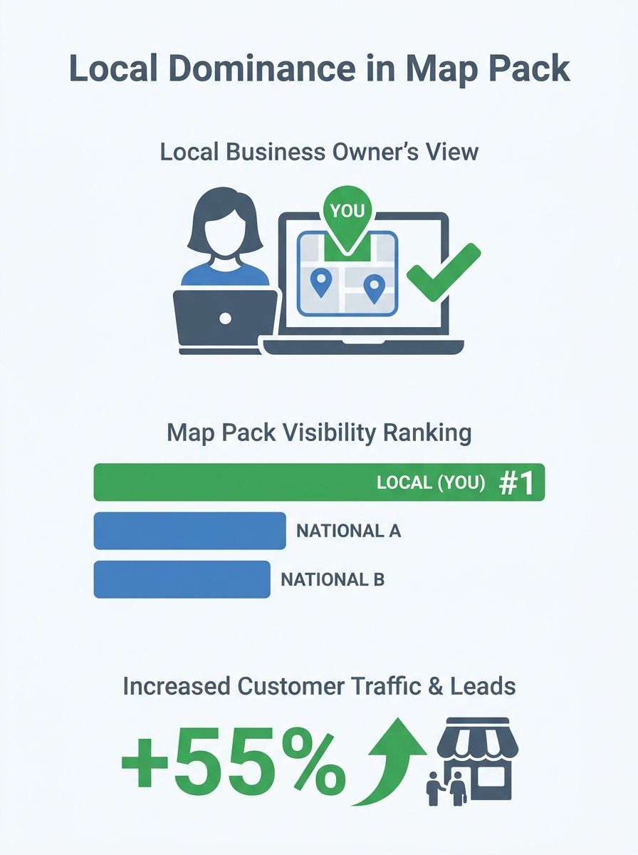 Local business owner reviewing Google Business Profile on laptop showing map pack rankings above national competitors