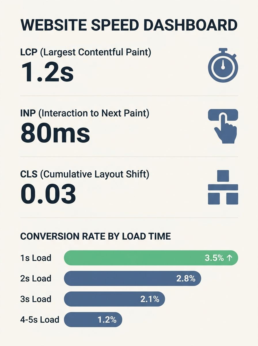 Website speed dashboard showing Core Web Vitals metrics LCP, INP, and CLS with conversion rate comparison graphs across one to five second load times