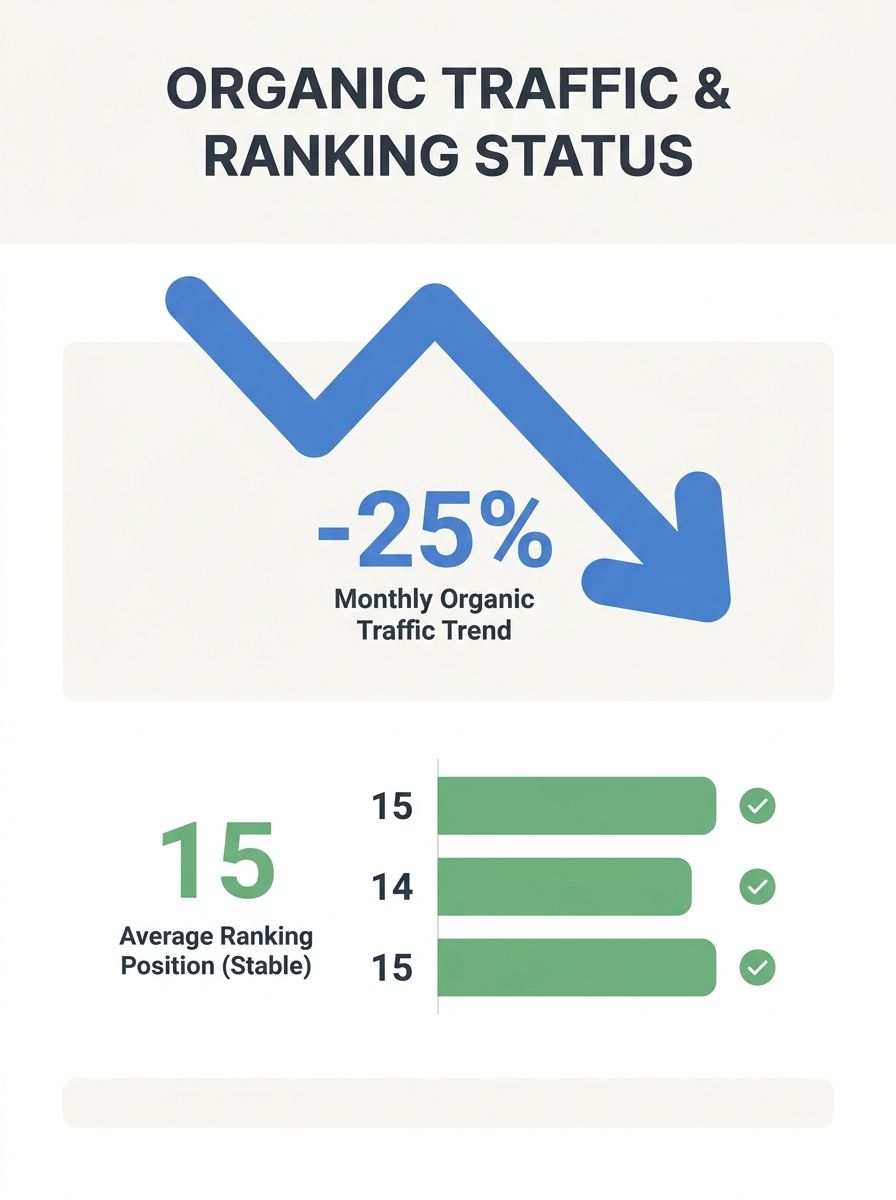 Analytics dashboard showing declining organic traffic trend with stable ranking positions