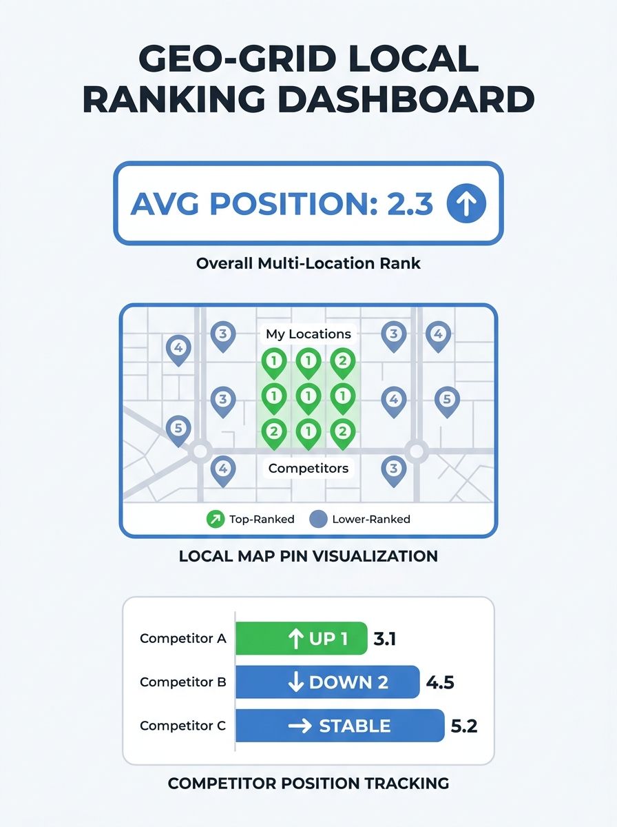 Dashboard screenshot showing geo-grid local ranking visualization with map pins and competitor position tracking for multiple business locations