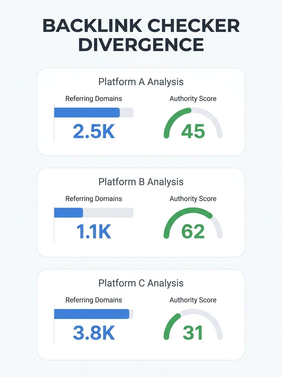 Dashboard comparison showing three different backlink checker platforms displaying divergent referring domain counts and authority scores for the same analyzed website