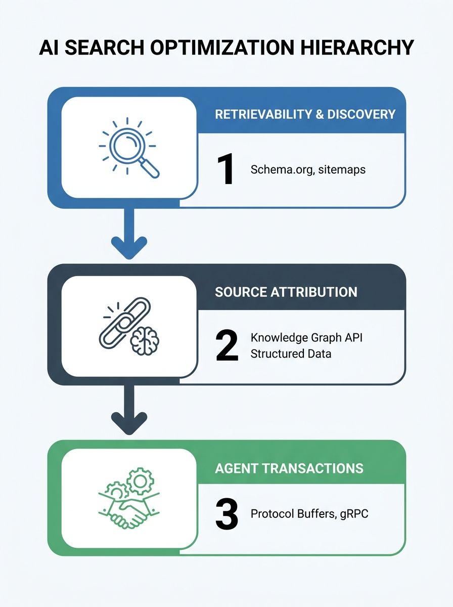 Three-layer diagram showing AI search optimization hierarchy from retrievability through attribution to agent transactions, with technical protocol examples at each level