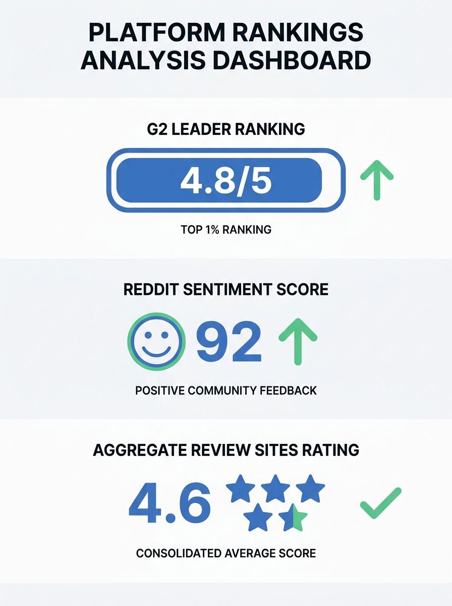 Marketing team analyzing third-party platform rankings across G2, Reddit, and review sites on a dashboard display