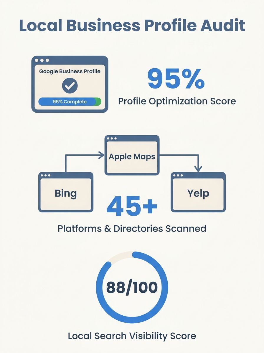 SEO agency team conducting local business profile audit on multiple screens showing Google Business Profile optimization interface and citation management dashboard