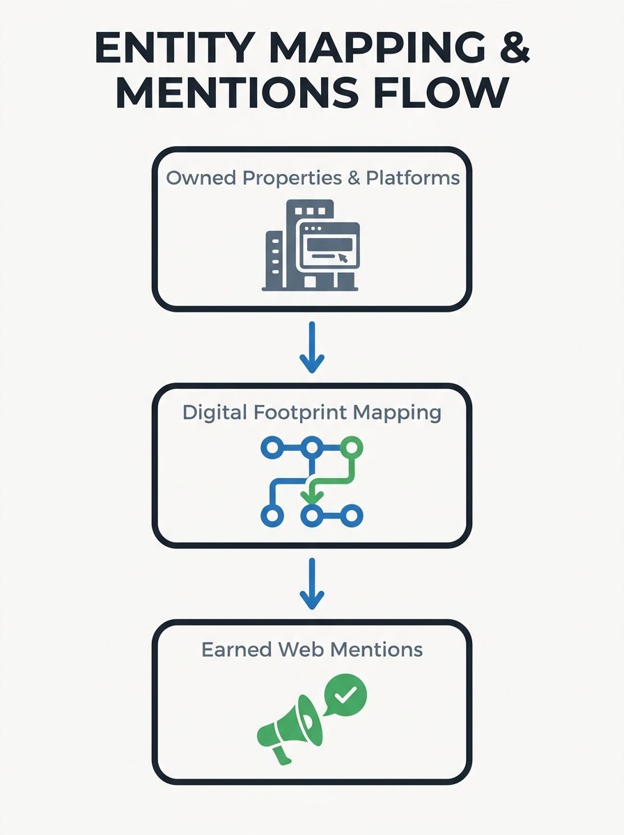Diagram showing entity relationship mapping connecting owned properties to earned mentions across web platforms