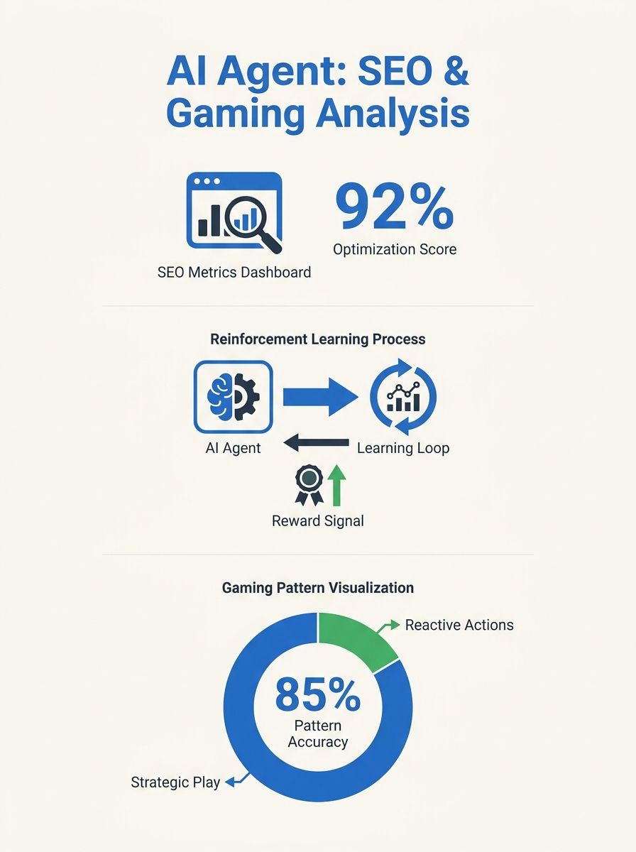 AI agent analyzing SEO metrics dashboard with reinforcement learning visualization showing gaming patterns