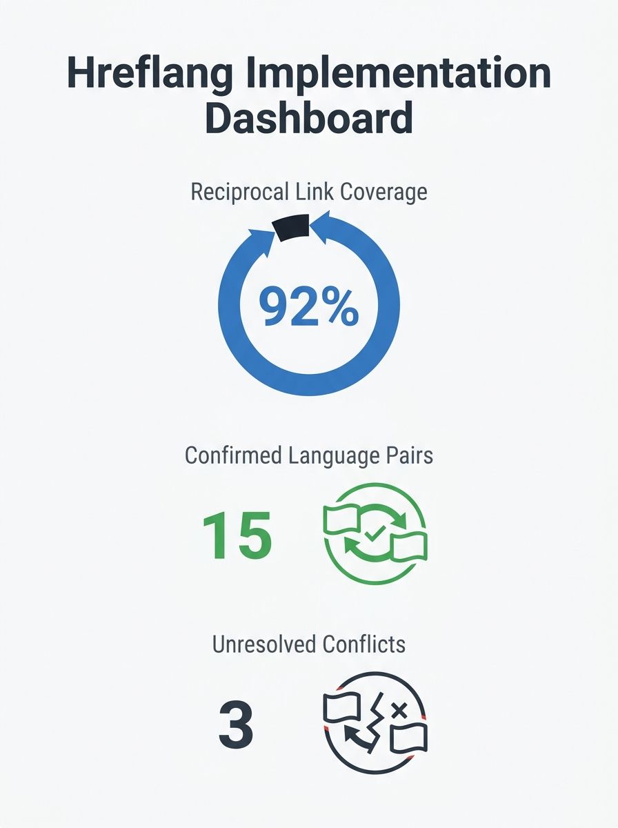Dashboard showing hreflang tag implementation with reciprocal links across multiple language versions