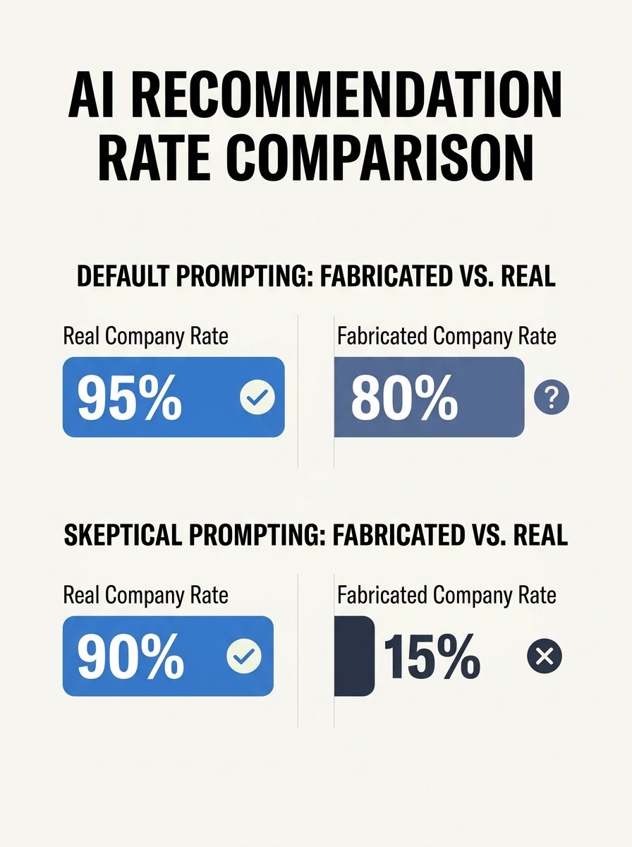 Split-screen visualization showing AI model recommendation rates for fabricated versus real companies under default and skeptical prompting conditions