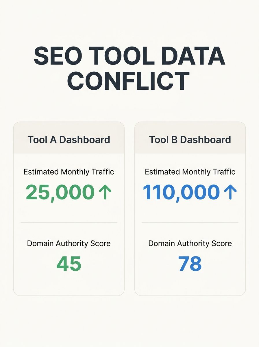 Screenshot showing side-by-side comparison of SEO tool dashboards displaying conflicting traffic estimates and authority scores for the same domain